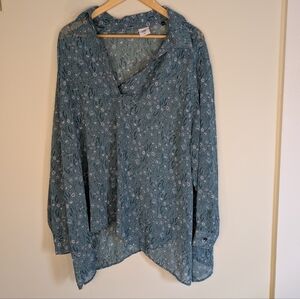 Cabi Rose Blouse XL Style 5231 Blue Floral Long Sleeve Sheer V-Neck